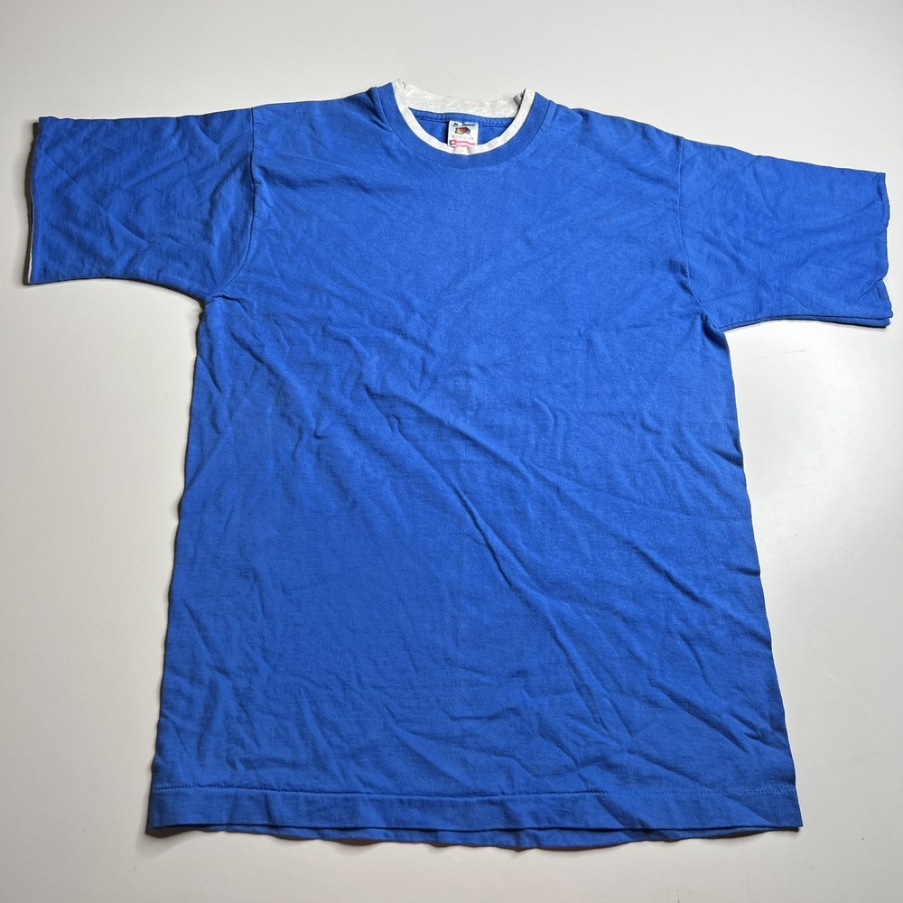 Vintage 80s Fruit of the Loom Ringer T Shirt Blue Single Stitch Made in USA M